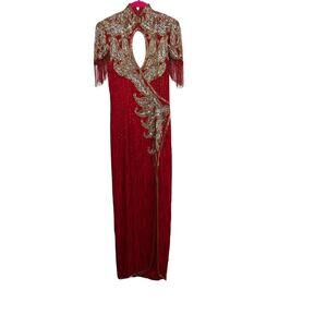 Vintage Lillie Rubin Women's Red all over Sequin Beaded Side Slit Dress Size